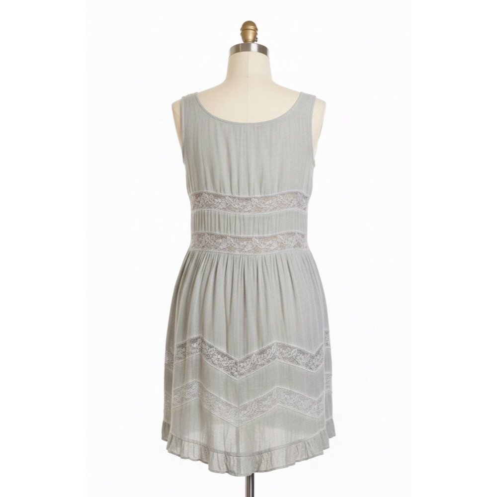 NWT Gray Tiered Ruffle Hem Voile & Lace Acid Wash Mini Slip Dress | Boho Indie S - Picture 6 of 8